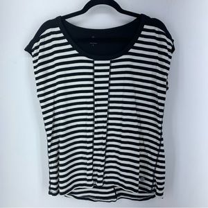 Talbots Womens Large Top Pullover Stretch Cap Sleeve Stripes Black White